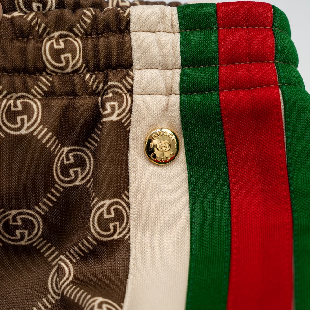 size M Gucci Women GG Cropped Track Pants Tear Away Buttons Web Beige Brown - Picture 9 of 15